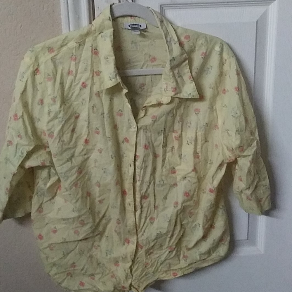 Yellow short sleeve button up with flowers